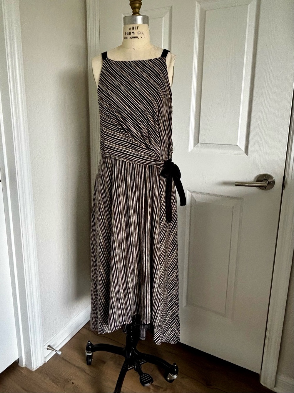 Maeve Black and Cream Striped High-Low Midi Dress with Side Tie